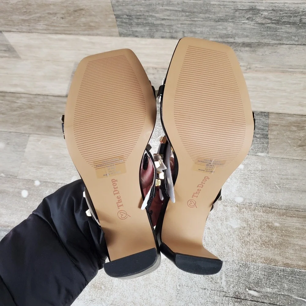The Drop Black Studded Avery Heels Sz 8.5 Square Toe Slip On‎ High Heeled Sandal